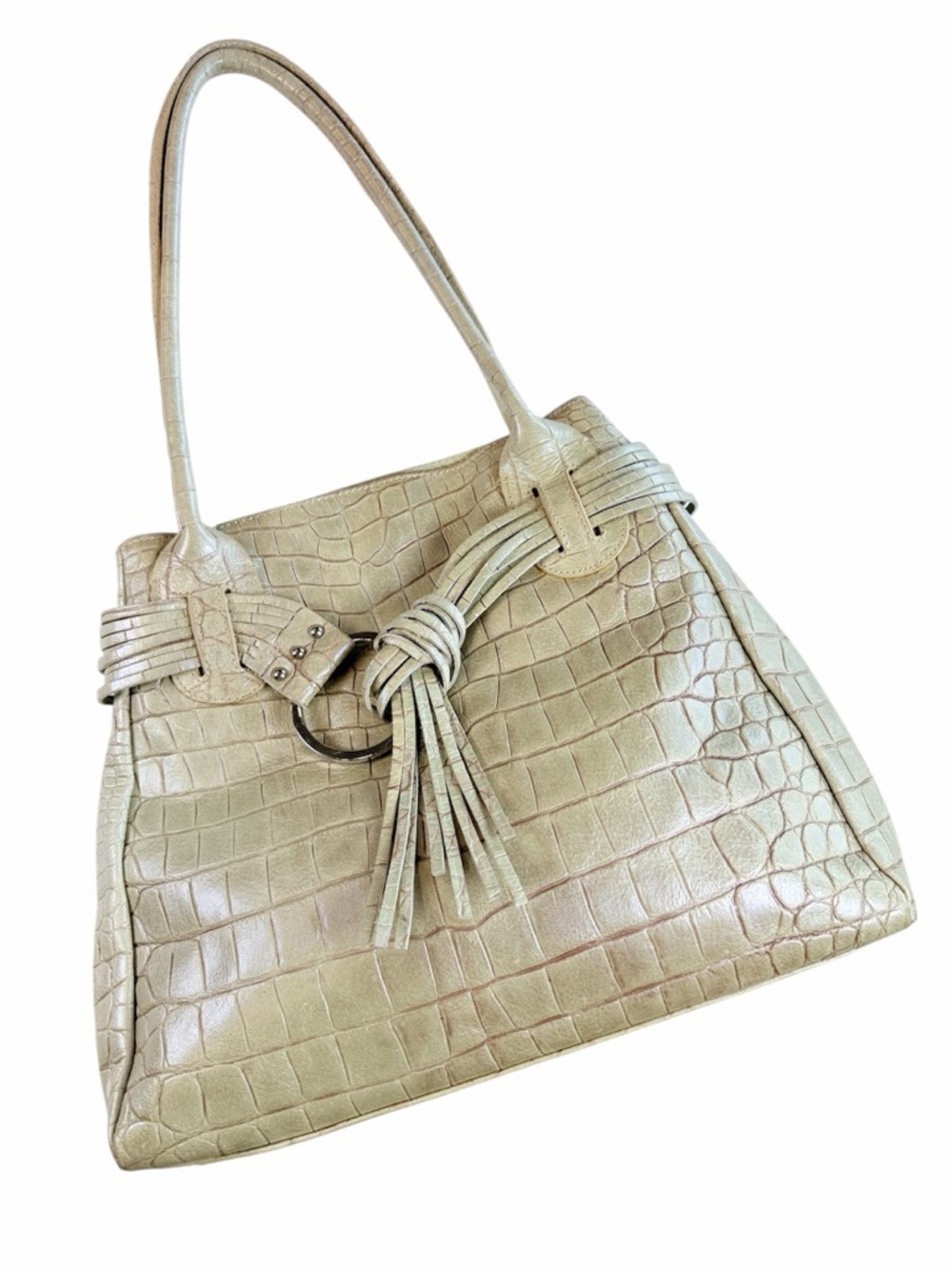 Roberta Gandolfi Italy Crocodile Embossed Leather Shoulder Light Beige‎ Metallic